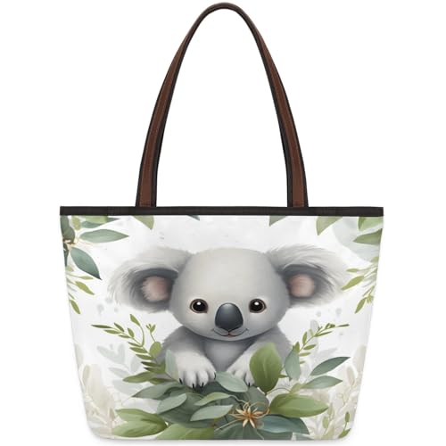 Koala Leaf Tote Bag Multi Pocket Zippered Beach Bag Lightweight Waterproof Handbag for Women Men Work Gym Travel Swimming Yoga Grocery Shopping M