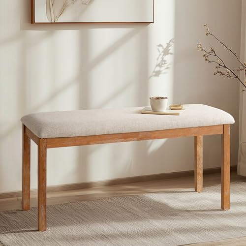 Image of Farmhouse Wooden Dining Bench, French Country Small Upholstered Bench Seat