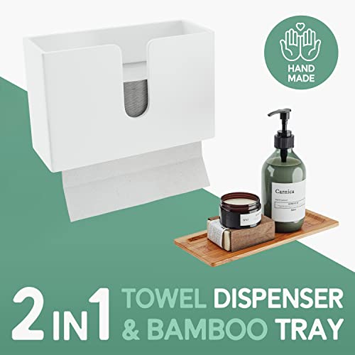 NATURE SUPPLIES Bamboo Paper Towel Dispenser with Removable Top Tray for Bathroom and Kitchen, Wall Mount and Countertop Multifold, C-Fold, Z-Fold, Tri-Fold Hand Towel Holder for Commercial Use, White