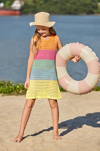 Image of Haloumoning Girls Color Block Crochet Knit Swim Cover up Kids Summer Sleeveless Beach Dress 5-14 Years