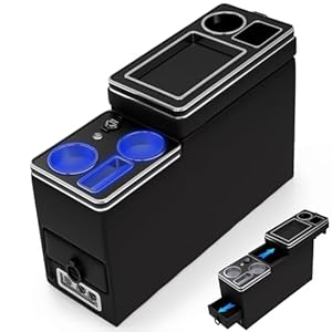 Organizador de consola central entre asientos para minivans, SUV, con carga USB dual en la parte delantera y trasera, iluminación ambiental y cajones para minivan y SUV, caja de almacenamiento