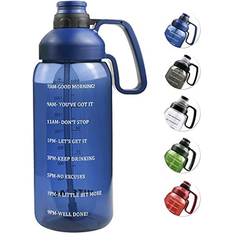 Half Gallon Water Bottle with Straw, 2l Water Bottle Motivational Water Bottle 64 Oz Water Bottle with Time Marker, Wide Mouth Water Jug for Sports Water Bottle BPA Free Leakproof, Blue Water Bottles Cover