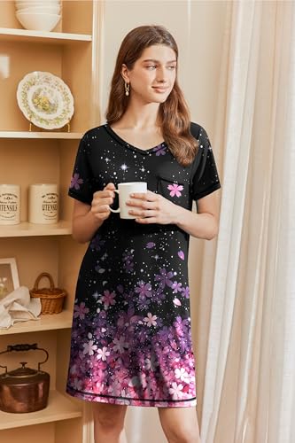 Image of Ekouaer Nightgowns for Women Short Sleeve Sleep Shirts V Neck Nightshirts Soft Sleepshirt Caual T Shirt Sleepdress