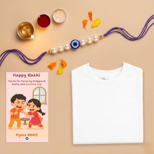 Image of Evil Eye Pearl Rakhi with White T-Shirt & Peacock Designer Pooja Thali Gift Combo for Brother, Nazar Suraksha Rakhi, Greeting Card, Roli Chawal, Raksha Bandhan Gift Set for Bhai