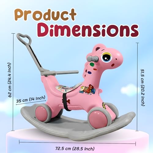 Image of 3 in 1 Push Ride On Rocker Horse for Kids with Parent Handle & Safety Belt, Convertible Rocking Horse to Ride On Toy, Non Toxic Plastic Baby Rider for 1 to 5 Years Boys & Girls (Pink)