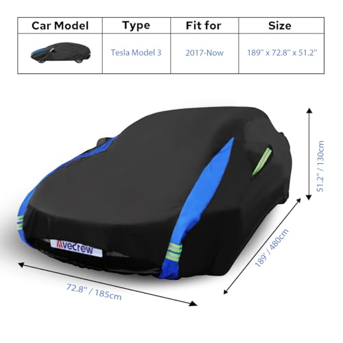 Image of Avecrew Car Cover for Tesla Model 3 2017-2026, Custom Fit Full Exterior Cover with Charging Port and Breathable Ventilation Mesh, Waterproof All Weather Outdoor Rain Snow Sun Protection Cover