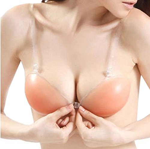 UZZO Women's Self Adhesive Nude Silicone Push up Bra with Adjustable & Removable invisible Straps,Silicone Bra Bikini Inserts Front Closure Bra,Wedding Dress Evening Dress Bikini Swimsuit Pads Bra Inserts (A cup) - Thumbnail 3