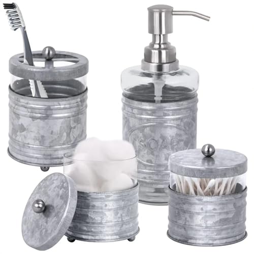Autumn Alley Farmhouse Matte Galvanized Bathroom Accessories Set (4 PCS) - Lotion Soap Dispenser, Toothbrush Holder Set, 2 Glass Apothecary Jars (Qtip Holder) - Rustic Bathroom Accessories Set