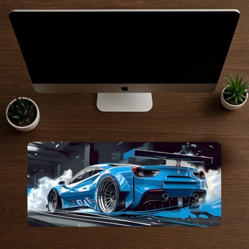 Image of Moto Edition Desk Mat 23x11 Inch - Racing-Themed Keyboard & Mouse Pad for Office, Home & Gaming | Non-Slip Rubber Base, Waterproof Surface, Supercar & Bike Inspired Table Mat (Blue Drift)