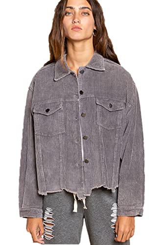 POL Clothing Women Vintage Corduroy Jacket with raw Edge Detai color Grey2
