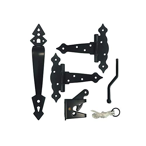 Image of Nuvo Iron Black Decorative Ornamental Tee Hinge Set - Includes Handle, Hinges, Latch and Catch- 5 inch