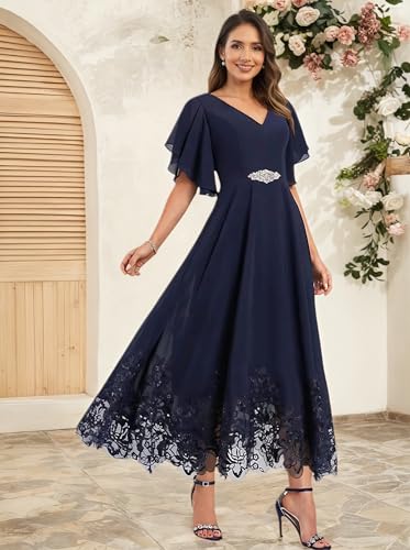 Tea Length Mother of Bride Dresses with Sleeves Chiffon V-Neck Lace Beaded Formal Evening Dresses for Women UU2052