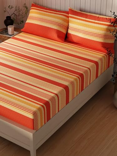 Image of KOPA Extra Smooth Cotton Double Bedsheet with 2 Pillow Covers -3pc Set (Lopez) | Extra Smooth Cotton | 1 Double Bedsheet with 2 King Size Pillow Covers Stripe-Brick /Beige