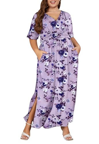 Image of Keluummi Plus Size Maxi Dress for Women Floral Empire Waist V-Neck 3 /4 Sleeve with Pockets