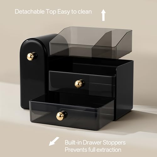 Image of HBlife Makeup Organizer Countertop with Drawers, Cologne Organizer for Men, Vanity Organizers with Brush Holder, Bathroom Countertop Organizer Skin Care Storage, Gift for Dad Husband, Black and Gold