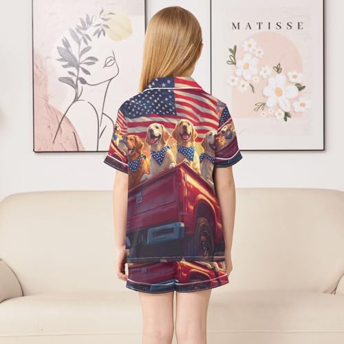 ALAZA American Flag Car Animal Dog Satin Pajamas Set Short Sleeve Button Down Sleepwear Summer Pjs 2 Piece4
