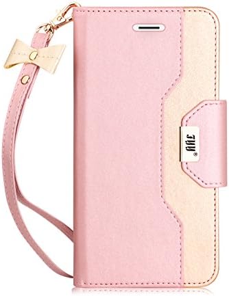 FYY Leather Case with Mirror for iPhone 6S Plus/iPhone 6 Plus, Leather Wallet Flip Folio Case with Mirror and Wrist Strap for iPhone 6S Plus/6 Plus Pink