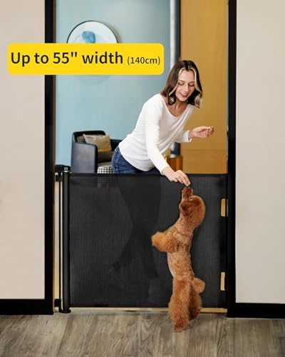 Retractable Baby Gates for Stairs, 55 Wide Mesh Dog Gate for Doorways, 33.6" Tall Easy to Use Pet Fence for The House, Toddler Safety Essentials Indoor&Outdoor, Black - 1