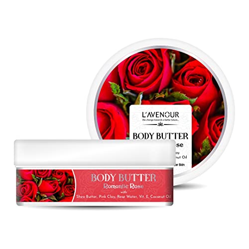 Image of L'avenour Romantic Rose Body Butter for Dry Skin for Women & Men with Shea Butter, Rose Water and Vitamin E | Quick Absorbing & Non-Greasy Rose Moisturizer - 200ml (Pack of 3)