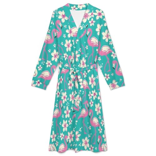 Flamingo Cherry Flowers Soft Robe Long Sleeve Bathrobes V Neck Sleepwear Spa Robes with Belt Men Woman3