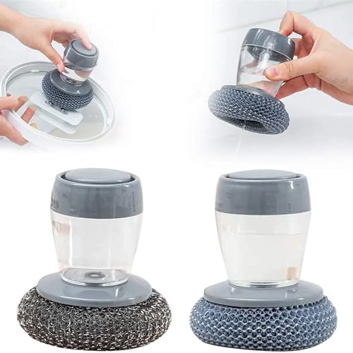 Image of Generic Dish Scrubber with Soap Dispenser and Spatula Brush, Stainless Steel, Grey (Plastic, Grey), Gray, JPLS1