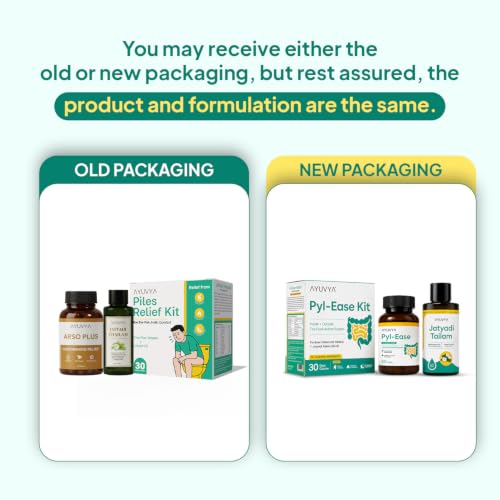 Image of Ayuvya Pyl-Ease Kit Combo | Helps in Shrinking Piles Mass, Reducing Swelling | Helps in Reliveing Pain, Itching & Bleeding | Helps in Easing Constipation & Speeding Up Healing | Pyle-Ease 60 Tablets | Jatyadi Oil 50 ml | Pack of 2