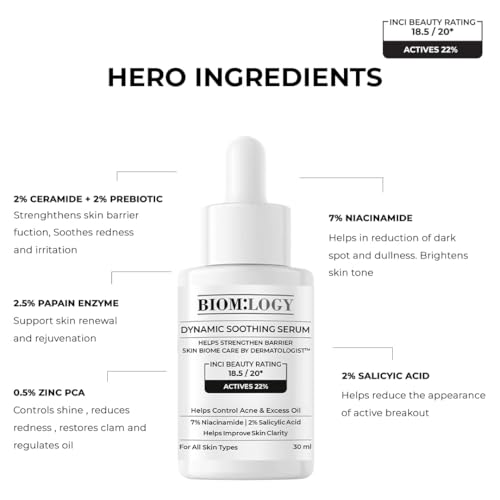 Image of Biomlogy Anti Acne Face Serum 22% Actives with 2% Salicylic Acid, 7% Niacinamide, 2% Ceramide, Prebiotic for Oily & Acne Prone Skin |Controls Excess Oil, Fades Acne Marks, Barrier Care| 10 ML