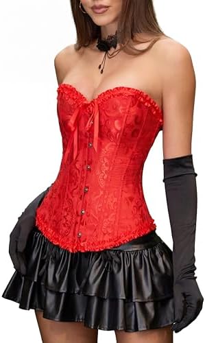 Corset Tops for Women, Bustier Shapewear Lingerie, Fashion Lace Waist Push Up Bodysuit Vest, Strapless Vintage Victorian Overbust Bodice for Night Out (Red,M)