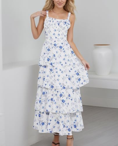 Image of Tiered Ruffle Dress Women Casual Summer Spaghetti Strap Sleeveless Floral Layered Maxi Dress for Women Beach Sundress