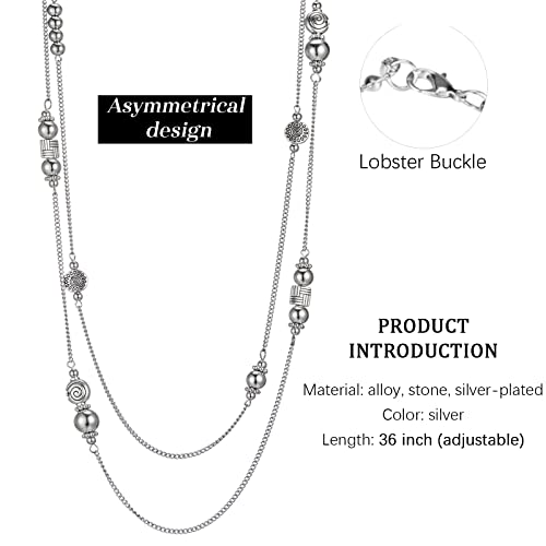 Bulinlin Layered Silver Long Necklace For Women Turquoise Stone Beaded Strand Sweater Chain Necklaces Fashion Costume Jewelry Gifts For Mom(Metal) #TOP4