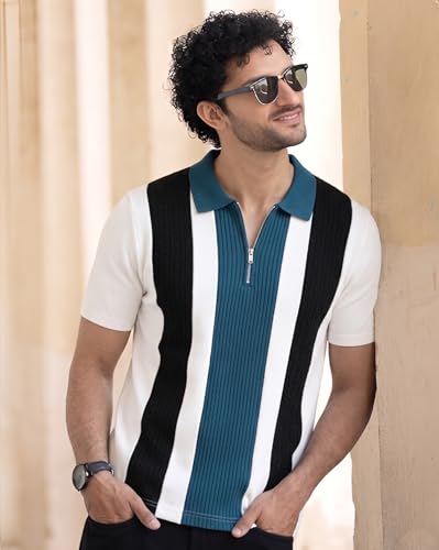 Image of AUSK Men's Zip Collar Polo Tshirt | Cotton Rich Material | Half Sleeves | Modern Knit Panel Work | Regular Fit