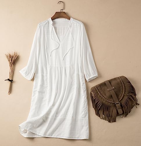 Lafural Womens V Neck Cotton Casual Loose Shift Tunic Smock Summer Dresses Vacation Dress 3/4 Sleeve Pocket White M - Image 5