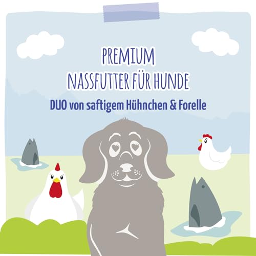 MjAMjAM - Premium Nassfutter für Hunde - DUO von saftigem Hühnchen & Forelle an gedämpfter Zucchini, 6er Pack (6 x 200g), getreidefrei mit extra viel Fleisch