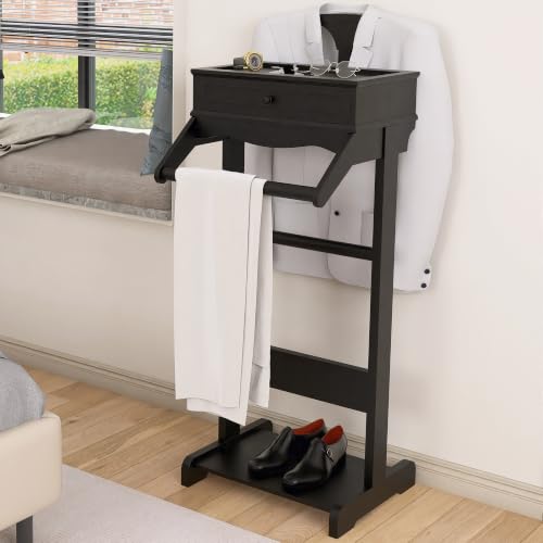 Image of Suit Valet Stand for Men, Wooden Clothes Rack with Drawer, Black