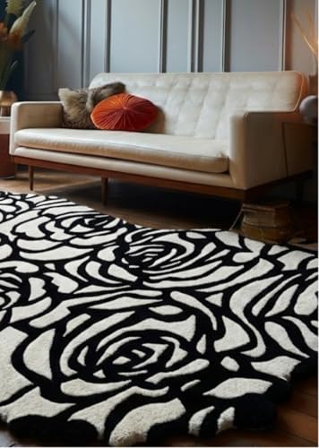 Image of Handmade Tufted Irregular Shape Wool Area Rug Botanical Design, Thick & Soft Carpet for Living Room, Bedroom Hall Room Color Black Size 6x8 feet (180x240cm)