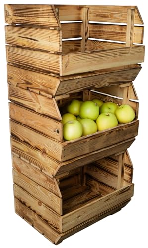 Kistenkolli Altes Land Kartoffelsteige 40x33x30 cm Gemüsekiste Obsthorde Gemüsekorb Kartoffelkiste zum Lagern Kiste Holz Obstkisten Obstschale (3er Set geflammt)