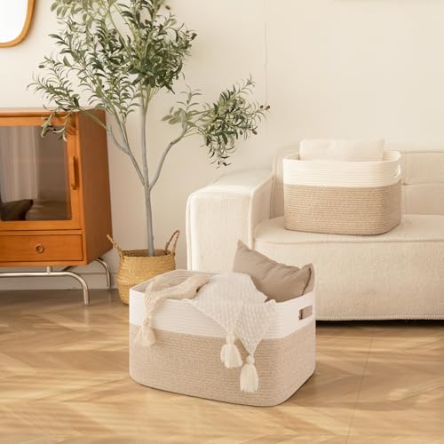 SIXDOVE Extra Large Laundry Basket, Cotton Rope Woven Blanket Basket for Living Room Storage, Nursery Basket for Toys in Baby Room, 21.7''×17''×12'', Brown and White, 70L (SD-FSB-A-P-02)