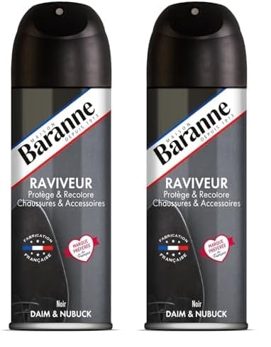 Baranne Aérosol Raviveur Noir | Protège, Ravive et Imperméabilise | Couleur Noir | Chaussures et Accessoires | Daim et Nubuck | 200 mL (Lot de 2)