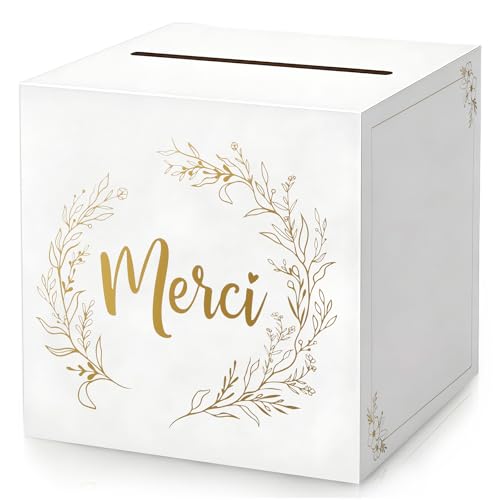 DOORIO Boîte à Carte de Mariage “Merci” Papier Blanc Boîte à Enveloppes Cadeaux Boîte aux Lettres Tirelire Decorative pour Réception de Mariage Fête...