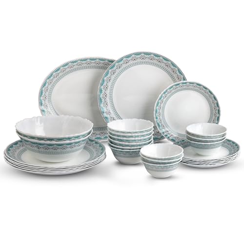 Image of CELLO Celeste Imperial Plus Series Opalware Dinner Set of 27 Piece For Family of 6 | Bone-Ash Free & Leadfree Opal Glass Microwave & Dishwasher Safe Crockery Plates & Bowls Set For Daily Use & Gifting