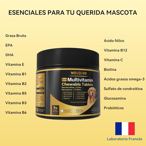Meloive 8 en 1 Multivitaminas para Perro | Suplementos para Perros | Aumenta la Inmunidad,el Rendimiento Físico,la Salud de la Piel y Las Aticulaciones | con Pollo | 120 Compléments - imagen 2