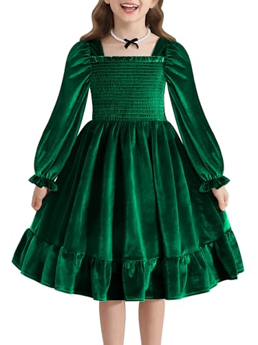 Girls Velvet Christmas Dress Puff Long Sleeve Fall Winter Holiday Party Dress with Pockets for Toddler Kids 4-13Y