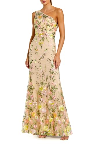 One Shoulder Lace Embroidered Gown Yellow Multi