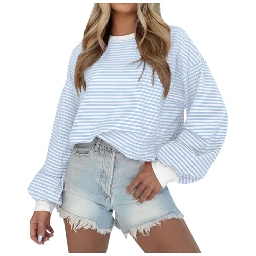 Sweatshirt femme t-shirt à manches longues bleu clair rayé taille L col rond