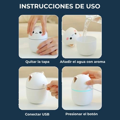 Humidificador Portátil Mini Forma Gato - Difusor de Aceites esenciales para oficina, hogar o escritorio - Alimentación USB, Silencioso y LED suave - 250ml - Rosa