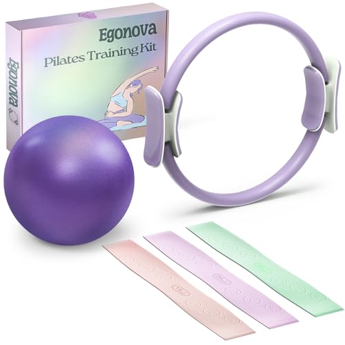Set de Anillos Pilates EgoNova: Círculo Mágico de 35cm con Asas Acolchadas Dobles, Mini Bola de Pilates y Bandas de Resistencia para Fuerza, Flexibilidad, Estabilidad y Tonificación Corporal