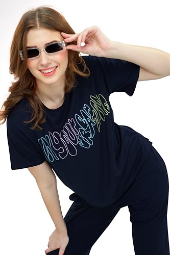 Image of ZEYO Women's Cotton Typography Wide Bottom Night Suit Set of Top & Pajama Set