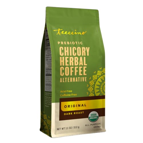 Teeccino Chicory Coffee Alternative, 11 Ounce - Original Herbal Coffee, Ground Herbal Coffee That’s Prebiotic, Caffeine-Free & Acid Free, Dark Roast