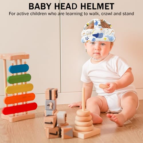 Image of Baby Head Protector Baby Helmet for Crawling Walking, No Bumps Safety Head Adjustable Protective Cap for Walking, Playing - Blue Dinosaur