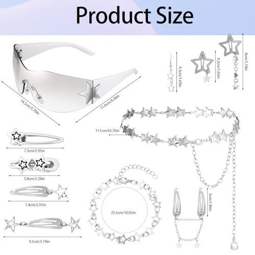 JATEBI Y2K Accessories Set Included Star Y2K Silver Bracelet Y2k Waist Chain Y2k Sunglasses Silver Hair Clips Earrings Vintage Jewelry Set for Women by JATEBI - Image 2